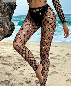 Sexy high waist rhinestone fishnet leggings
